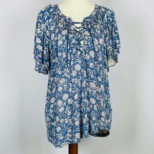 Chaps Corset Tie Tunic Sz XXL Blue Floral Tiered Flutter Sleeve Asymmetric Hem